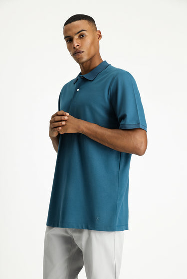 Orta Petrol Polo Yaka Regular Fit Nakışlı Tişört