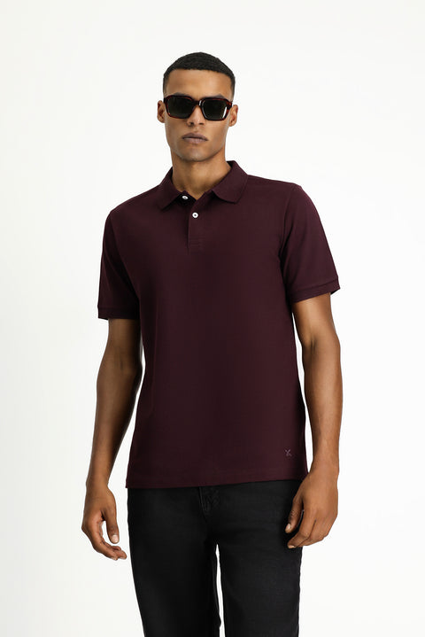 Koyu Bordo Polo Yaka Regular Fit Nakışlı Pamuk Tişört