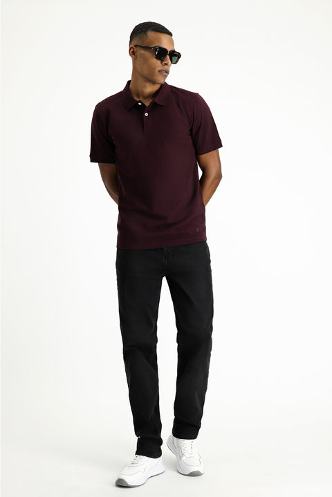 Koyu Bordo Polo Yaka Regular Fit Nakışlı Pamuk Tişört
