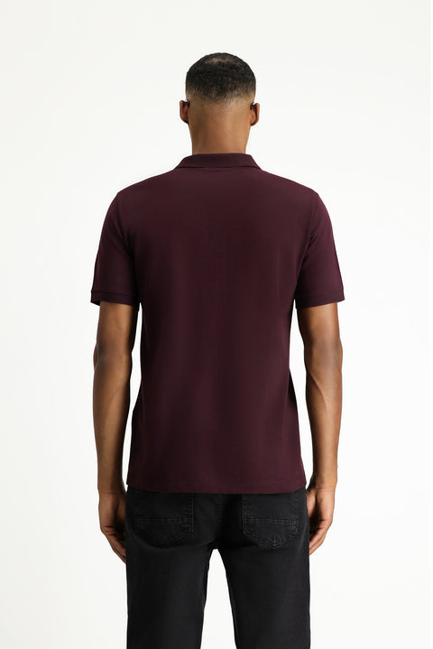 Koyu Bordo Polo Yaka Regular Fit Nakışlı Pamuk Tişört