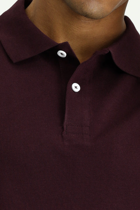 Koyu Bordo Polo Yaka Regular Fit Nakışlı Pamuk Tişört