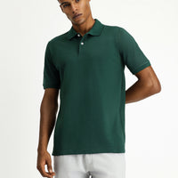 Koyu Yeşil Polo Yaka Regular Fit Nakışlı Pamuk Tişört