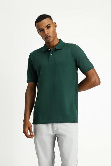  Koyu Yeşil Polo Yaka Regular Fit Nakışlı Pamuk Tişört
