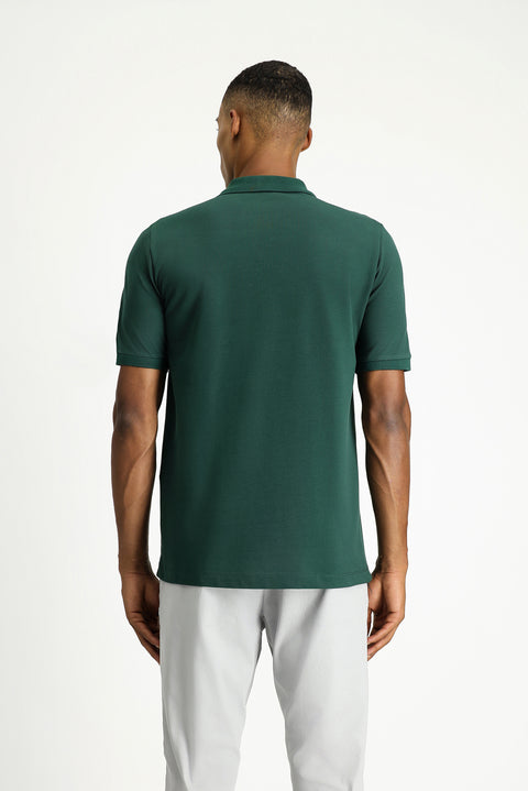 Koyu Yeşil Polo Yaka Regular Fit Nakışlı Pamuk Tişört