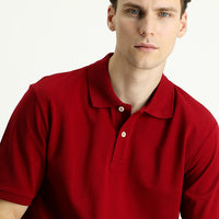 Koyu Kırmızı Polo Yaka Regular Fit Nakışlı Pamuk Tişört
