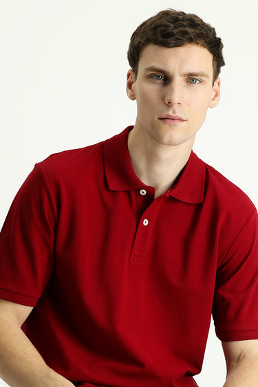 Koyu Kırmızı Polo Yaka Regular Fit Nakışlı Pamuk Tişört