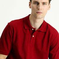 Koyu Kırmızı Polo Yaka Regular Fit Nakışlı Pamuk Tişört