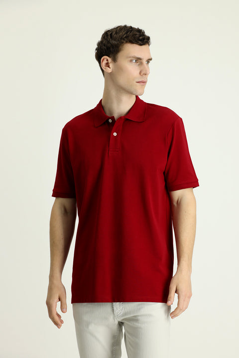 Koyu Kırmızı Polo Yaka Regular Fit Nakışlı Tişört
