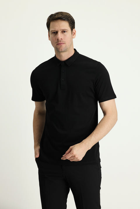 Siyah Polo Yaka Regular Fit Nakışlı Süprem Pamuk Tişört