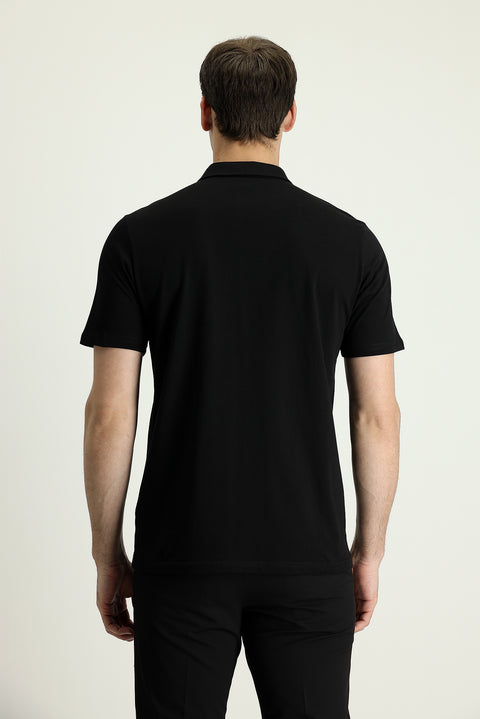 Siyah Polo Yaka Regular Fit Nakışlı Süprem Pamuk Tişört