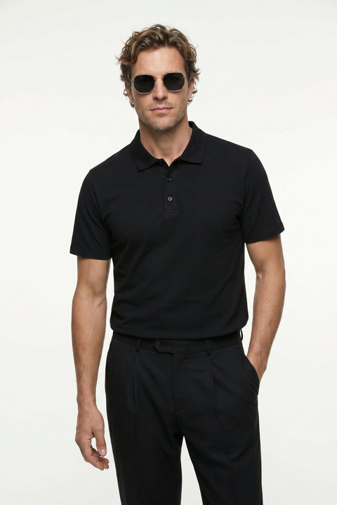 Siyah Polo Yaka Regular Fit Nakışlı Pamuklu Tişört