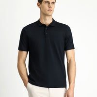 Siyah Polo Yaka Regular Fit Nakışlı Pamuklu Tişört