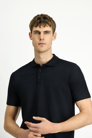  Siyah Polo Yaka Regular Fit Nakışlı Pamuklu Tişört