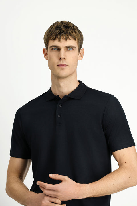 Siyah Polo Yaka Regular Fit Nakışlı Pamuklu Tişört