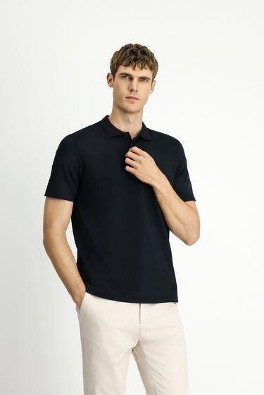 Siyah Polo Yaka Regular Fit Nakışlı Pamuklu Tişört