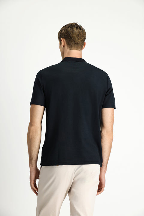 Siyah Polo Yaka Regular Fit Nakışlı Pamuklu Tişört