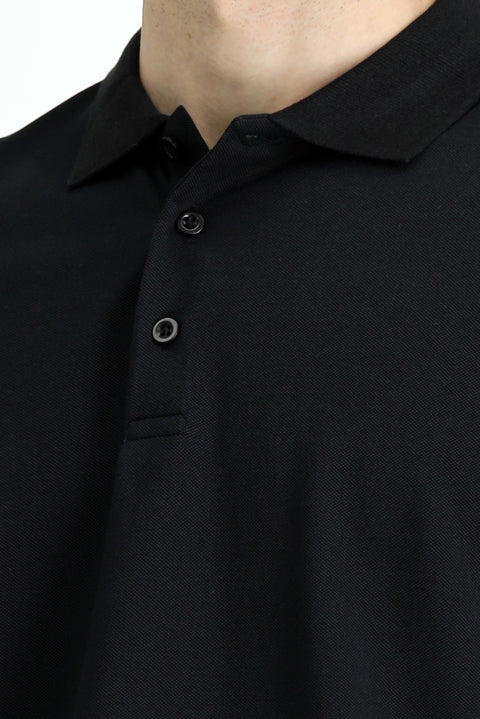 Siyah Polo Yaka Regular Fit Nakışlı Pamuklu Tişört