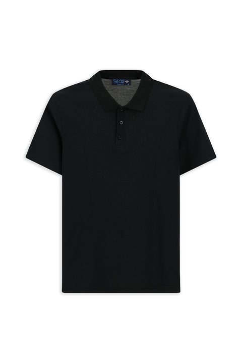 Siyah Polo Yaka Regular Fit Nakışlı Pamuklu Tişört