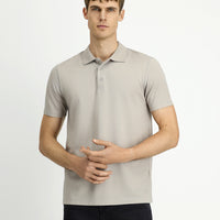 Orta Gri Polo Yaka Regular Fit Nakışlı Pamuklu Tişört