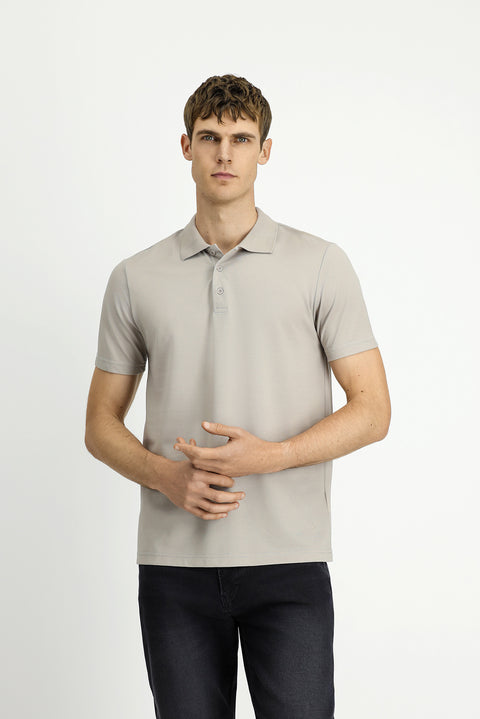 Orta Gri Polo Yaka Regular Fit Nakışlı Pamuklu Tişört