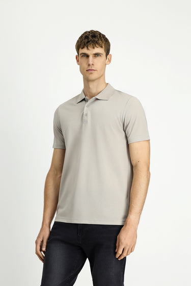 Orta Gri Polo Yaka Regular Fit Nakışlı Pamuklu Tişört