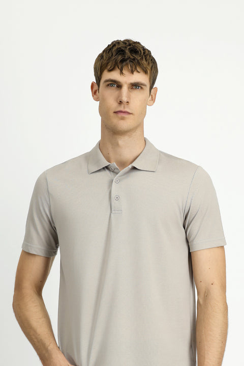 Orta Gri Polo Yaka Regular Fit Nakışlı Pamuklu Tişört