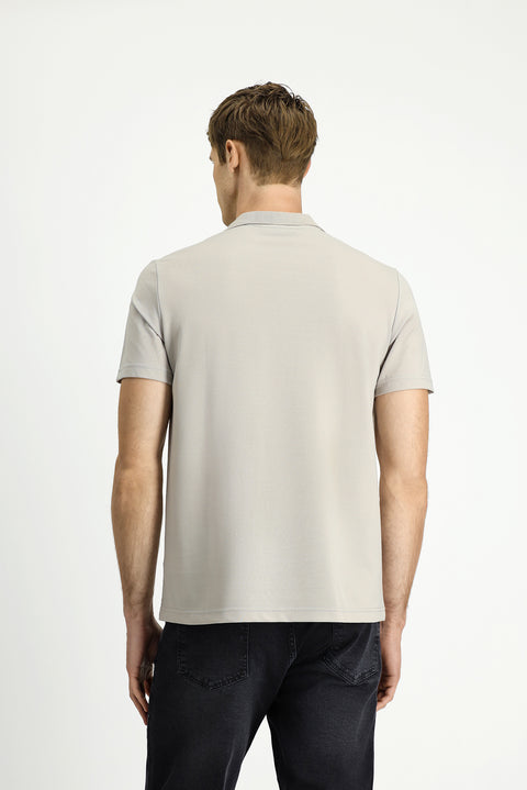 Orta Gri Polo Yaka Regular Fit Nakışlı Pamuklu Tişört