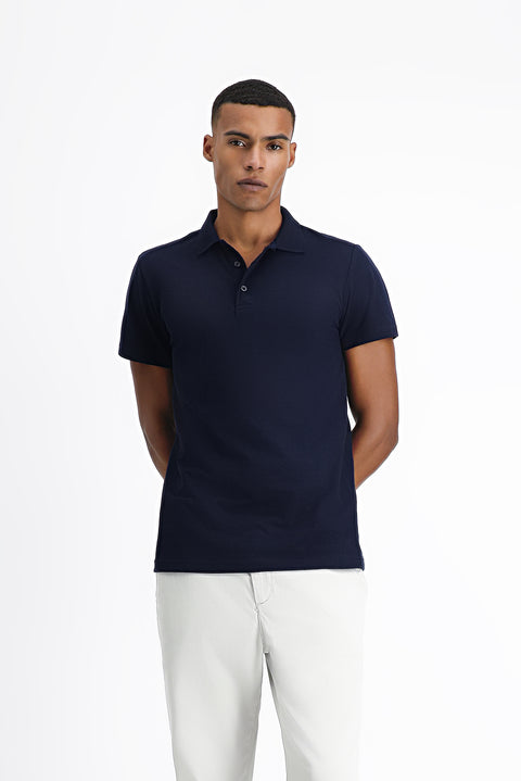 Orta Lacivert Polo Yaka Regular Fit Nakışlı Pamuklu Tişört