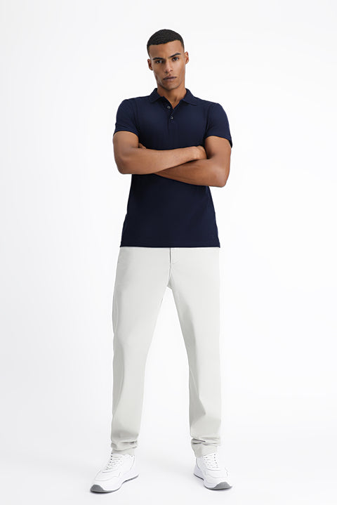 Orta Lacivert Polo Yaka Regular Fit Nakışlı Pamuklu Tişört