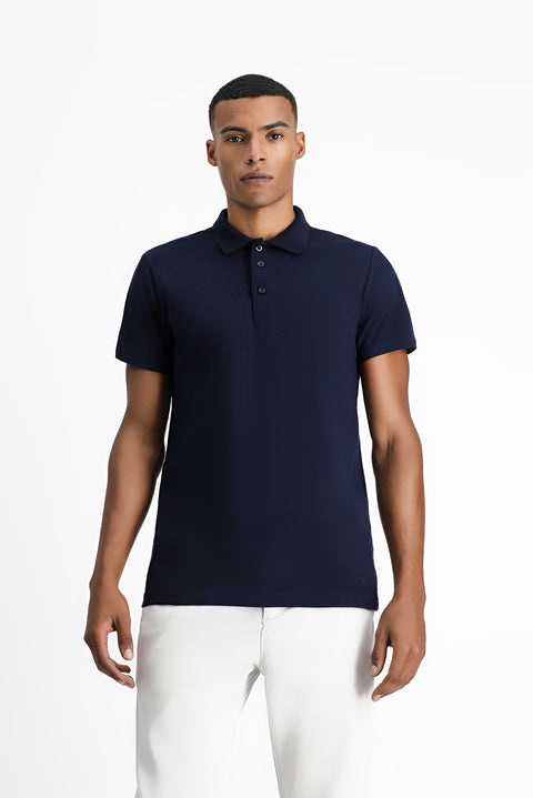 Orta Lacivert Polo Yaka Regular Fit Nakışlı Pamuklu Tişört