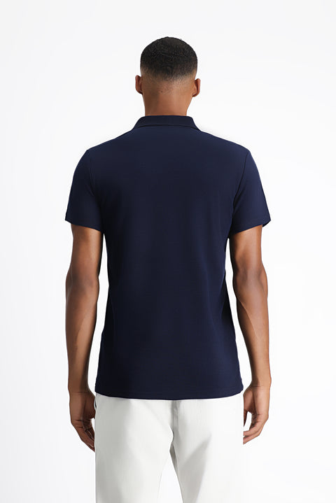 Orta Lacivert Polo Yaka Regular Fit Nakışlı Pamuklu Tişört