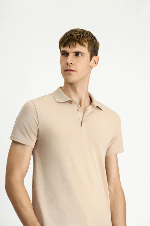 Orta Bej Polo Yaka Regular Fit Nakışlı Pamuklu Tişört