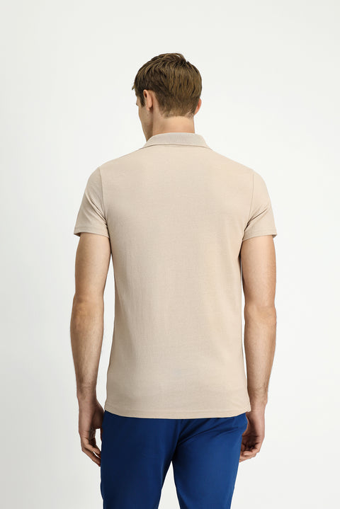 Orta Bej Polo Yaka Regular Fit Nakışlı Pamuklu Tişört