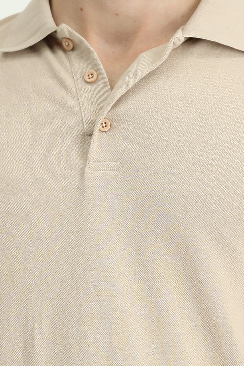 Orta Bej Polo Yaka Regular Fit Nakışlı Pamuklu Tişört