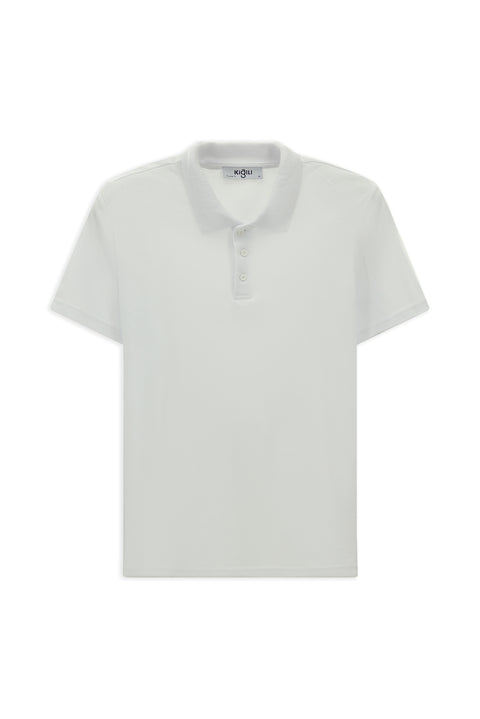 Beyaz Polo Yaka Regular Fit Nakışlı Pamuklu Tişört