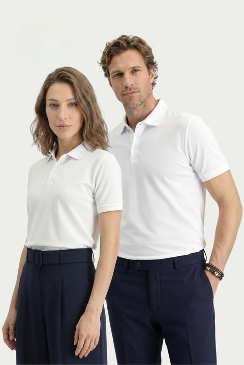 Beyaz Polo Yaka Regular Fit Nakışlı Pamuklu Tişört