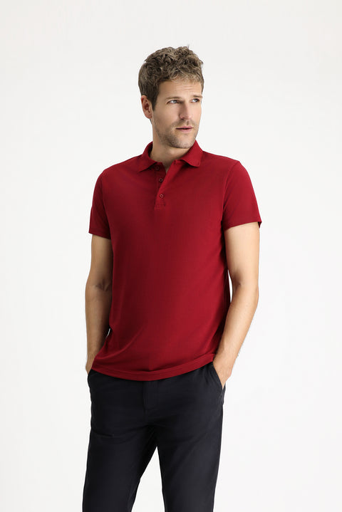 Açık Bordo Polo Yaka Regular Fit Nakışlı Pamuklu Tişört