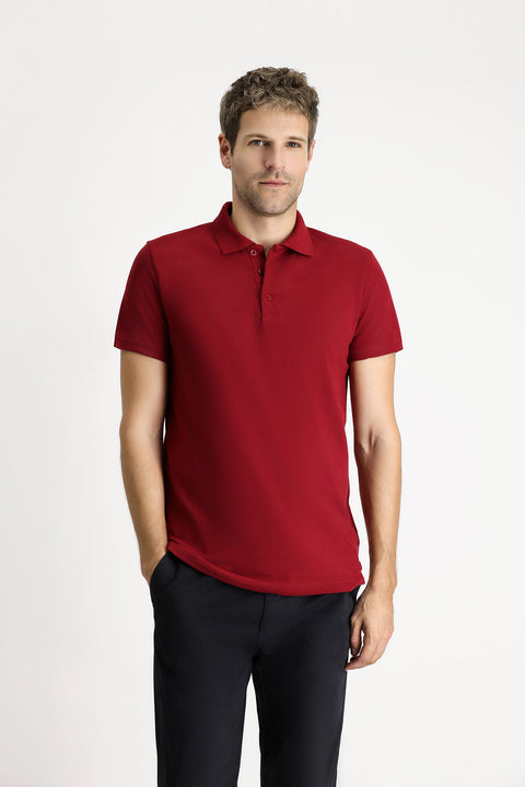 Açık Bordo Polo Yaka Regular Fit Nakışlı Pamuklu Tişört