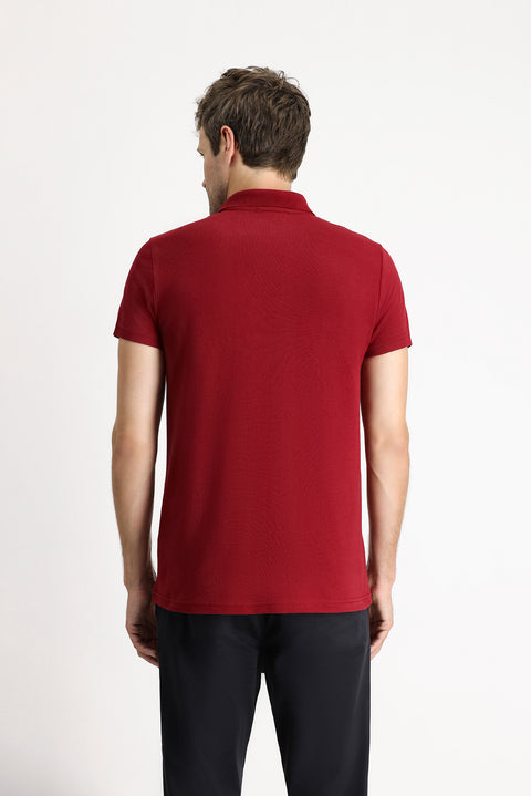 Açık Bordo Polo Yaka Regular Fit Nakışlı Pamuklu Tişört