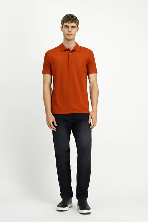 Kiremit Polo Yaka Regular Fit Nakışlı Pamuklu Tişört