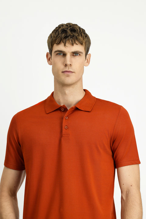 Kiremit Polo Yaka Regular Fit Nakışlı Pamuklu Tişört