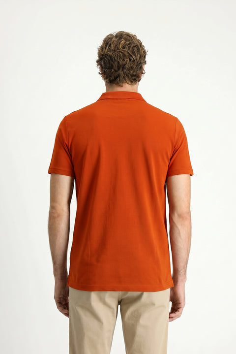 Kiremit Polo Yaka Regular Fit Nakışlı Pamuklu Tişört
