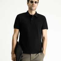 Siyah Slim Fit Dar Kesim Nakışlı Pamuk Polo Yaka Tişört