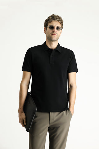  Siyah Polo Yaka Slim Fit Nakışlı %100 Pamuk Tişört