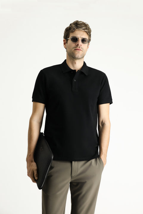 Siyah Polo Yaka Slim Fit Nakışlı %100 Pamuk Tişört