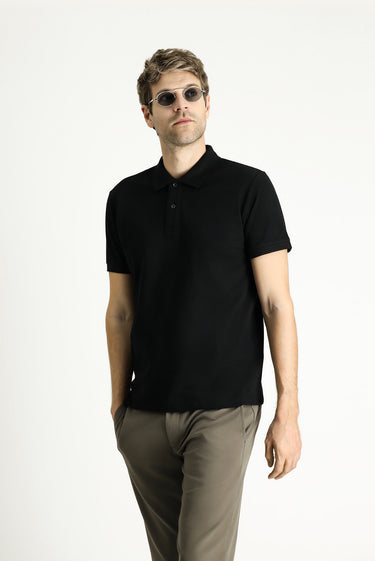  Siyah Slim Fit Dar Kesim Nakışlı Pamuk Polo Yaka Tişört