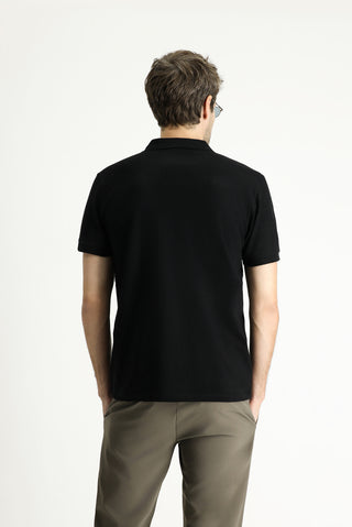  Siyah Polo Yaka Slim Fit Nakışlı %100 Pamuk Tişört