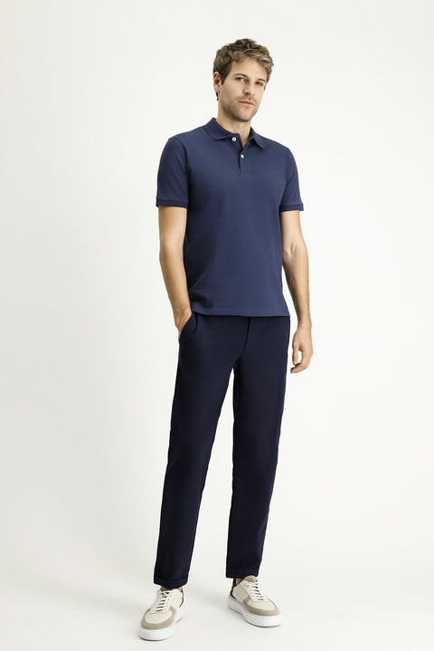 Orta Lacivert Polo Yaka Slim Fit Nakışlı %100 Pamuk Tişört