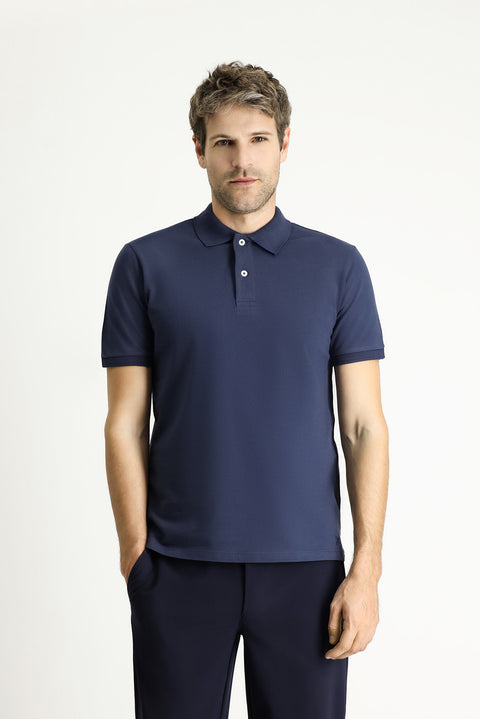 Orta Lacivert Polo Yaka Slim Fit Nakışlı %100 Pamuk Tişört