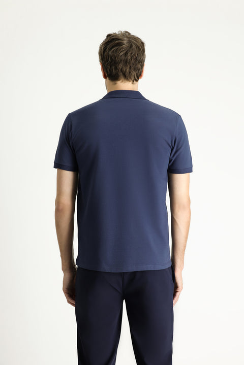 Orta Lacivert Polo Yaka Slim Fit Nakışlı %100 Pamuk Tişört